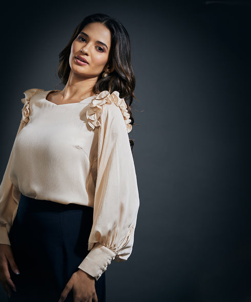 Sleeve Detailed Shoulder Frilled Long Sleeve Top-Beige